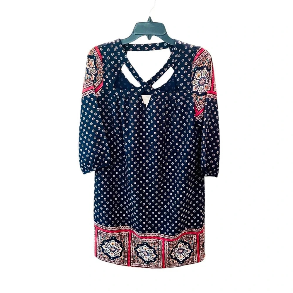 NWT Skies Are Blue 3/4 sleeve criss-cross neckline midi shift dress SZ 8 blue